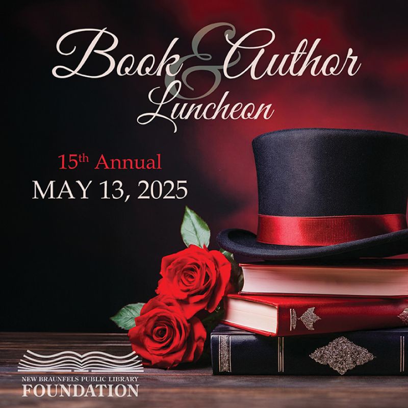 stack of books on a wooden table with a black top hat and roses announcing the 15th Annual Book & Author Luncheon on May 13, 2025