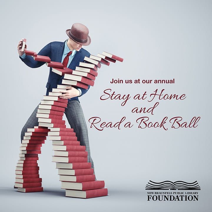 man dancing with stack of books advertising the Stay at Home and Read a Book Ball