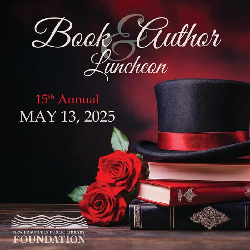 stack of books on a wooden table with a black top hat and roses announcing the 15th Annual Book & Author Luncheon on May 13, 2025